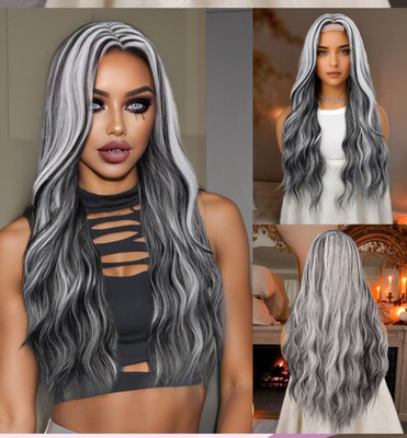 Long Wavy White Gray Mix Synthetic Hair Wigs Women Soft Halloween Party Gift