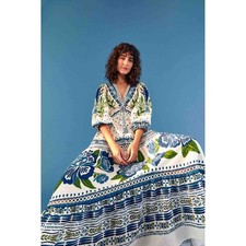 Farm Rio Maxi Dress White Blue Floral Bird Print V Neck Tie Front Midi Boho M