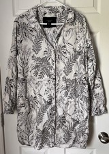 Tahari 100% Linen Shirt Dress Large Tropical Leaf Print Coastal Casual Resort