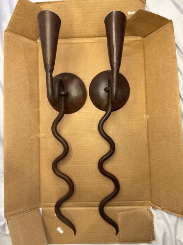 Vintage Spanish Revival Brutalist Wrought Iron Brown Snake Wall Candle Sconces