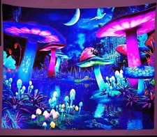 51"X59" Blacklight Tapestry Mushroom Forest Bohemian Moon Starry Sky WallHanging