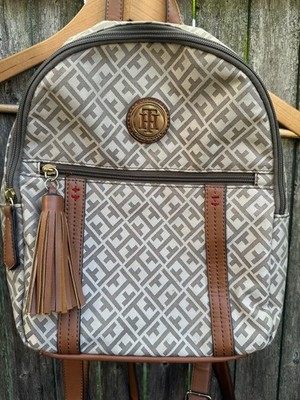 Tommy Hilfiger Monogram Jacquard Dome Backpack Womens Khaki Tan Leather Trim Bag