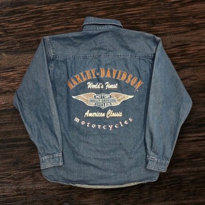 Harley Davidson Biker Blues Shirt Denim Snap-Up Logo Pockets Embroidered Large