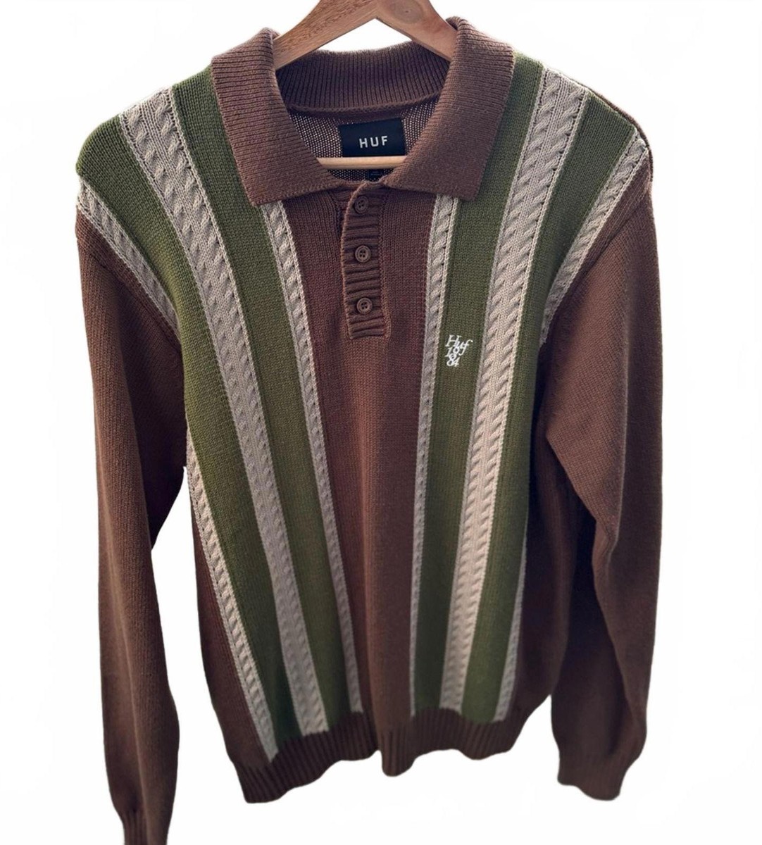 HUF Brown and Green Striped Cable Knit Polo Sweater | eBay