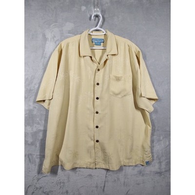 Bermuda Bay Mens XXL Yellow 100% Silk Palm Tree Jacquard Camp Shirt Short Sleeve