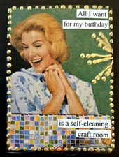Mixed Media Collage Art Card ACEO ATC Vintage Snarky Women Cleaning Craft Room 