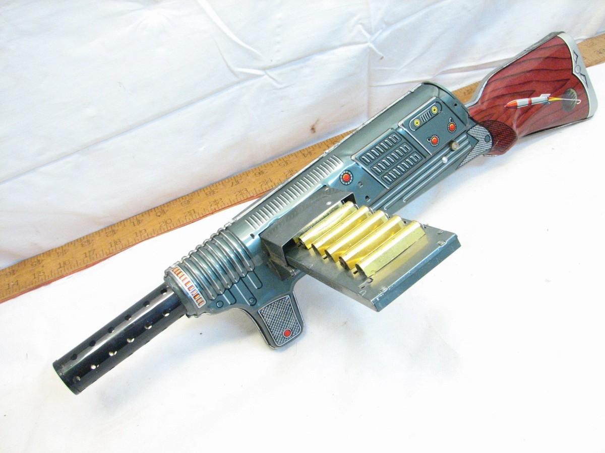 Rare Vintage Japan Tin Litho Hand Crank Sound Machine Gun Tracer