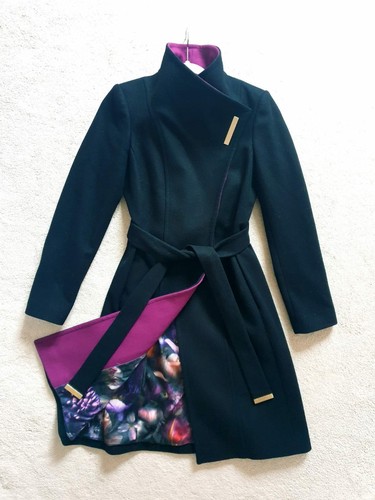 Ted Baker Lorah Black Belted Wrap Coat with Contrast Purple Lapels UK 8 TB 1 - Picture 2 of 12
