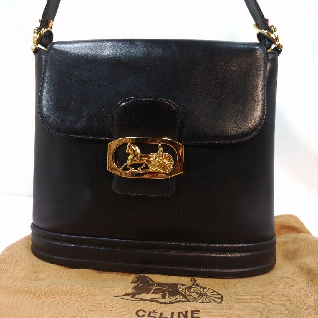 Celine  Horse Carriage Shoulder Bag Leather  Black Authentic I0719783