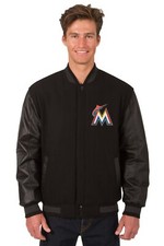 MLB Miami Marlins Wool Leather Reversible Jacket Front Patch Logos Black JHD