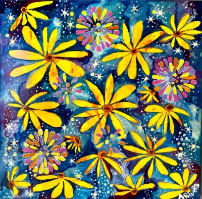 Yellow Daisies Floral Fine Art Painting Eclectic Fun Home Decor Wall Hanging