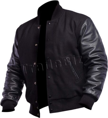 Men's Varsity Bomber Baseball Letterman College Jacket Wool Body & Leather Arms - Picture 9 of 12