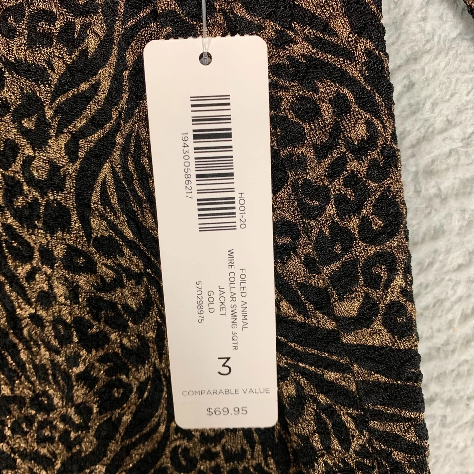Chico's Swing Jacket Women's 3 Gold Foiled Animal 3/4-Sleeve Wire Collar NWT $70 - Image 4 of 4