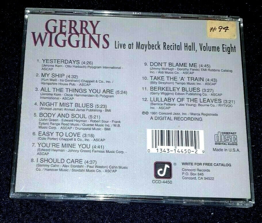 CD: GERRY WIGGINS Live at Maybeck Recital Hall Volume 8 - CCD-4450