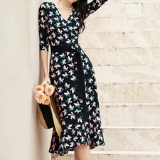 Summer French Womens Luxury Dress Skirt Mid Sleeve Printed Floral Lace Up Dress 