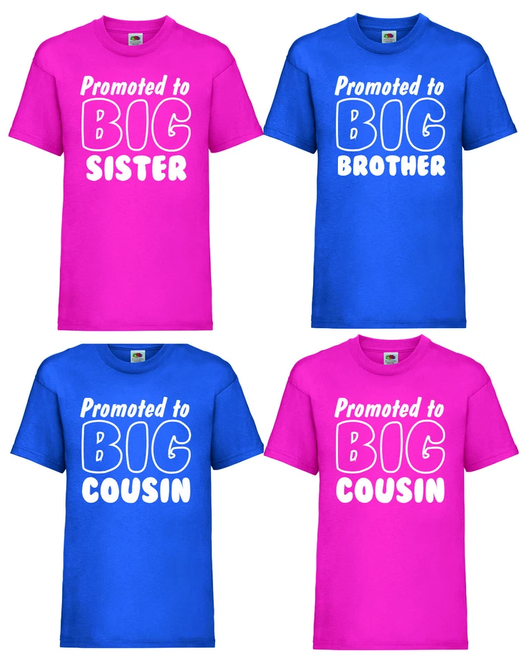 FRUIT OF THE LOOM Kids Funny Slogan T-Shirt "PROMOTED TO BIG BROTHER/SISTER/COUSIN" 6 sizes 2 Cols