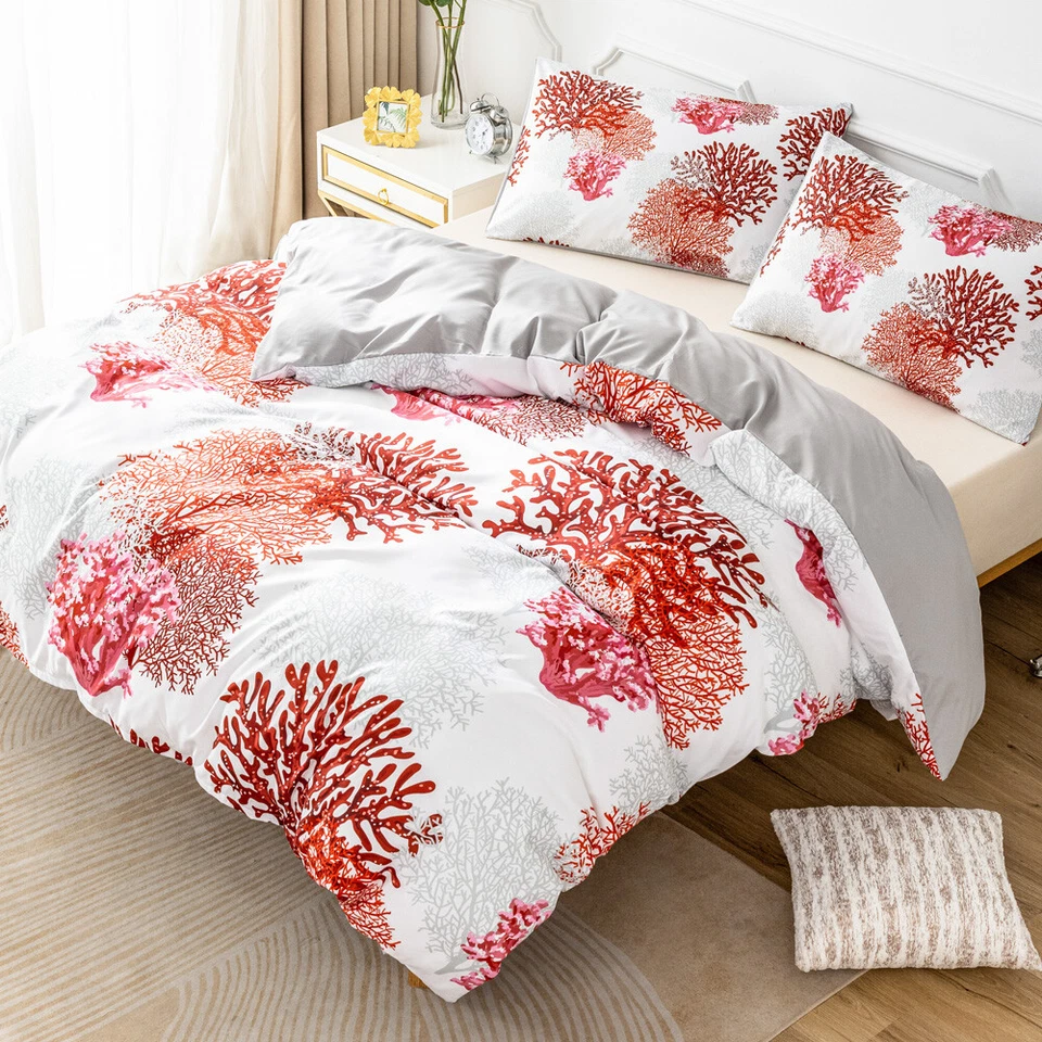 3D Tropical Red Coral Pattern Quilt Cover Set Bedding Sets Pillowcases Queen - Image 2 of 4