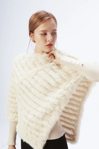 Women Knitted Genuine Real Rabbit Fur Poncho Wraps Shawls Pullover Capes - Picture 7 of 22