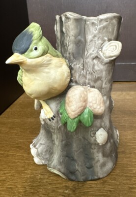 Vase Green Bird On Stump Pine Cones Hand Painted Bisque Porcelain 5.5  Vintage