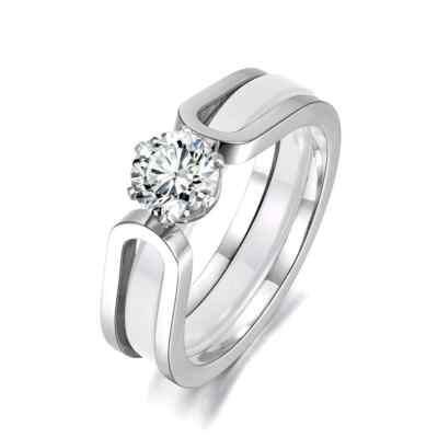 Bague fiançailles acier inoxydable et céramique noir ou blanc avec