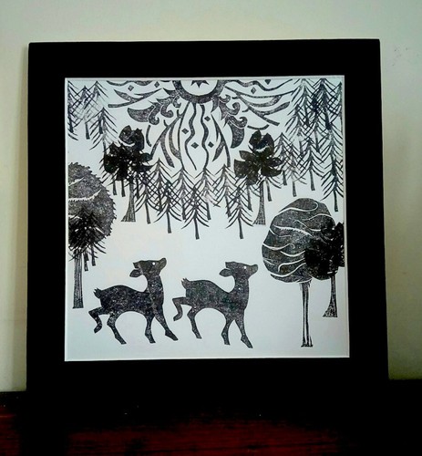 Woodland Deer Abstract Sunshine Linoprint, Mounted 10x10 Deer Art Print - Picture 2 of 3