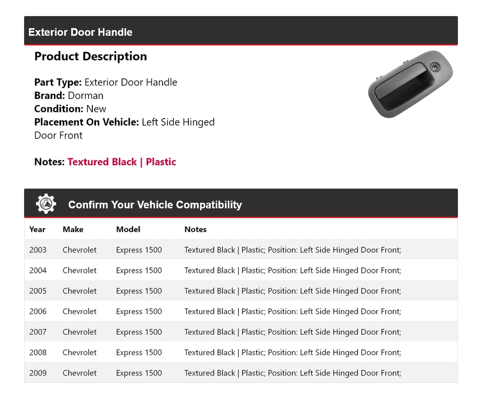 Manija de puerta exterior para Chevrolet Express 1500 Dorman 2003-2009 2004 2005 2006 Foto 2 de 4