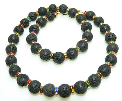 Halskette Collier Lavaperle schwarz 10mmØ Strass gold Kristall multicolor 194d