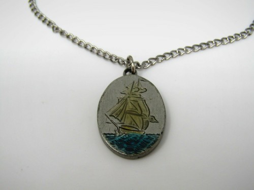 Vintage Clipper Ship Necklace Nautical Enamel Pendant Silver Tone Oval Tall Ship