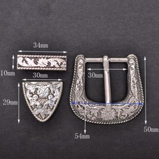 Western Cowboy Silver Flower Engraved Belt Pin Buckle 3pc/Set Fits 1-1/8" Strap