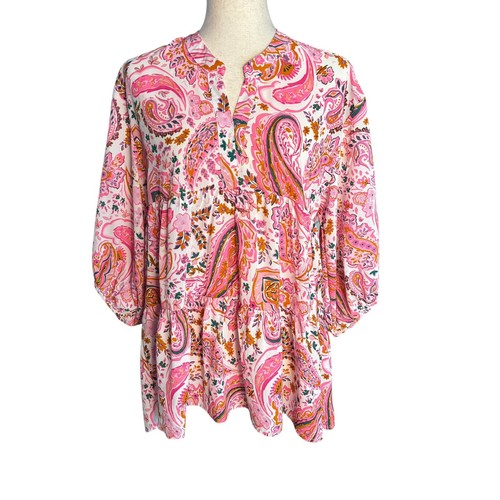 Umgee Blouse Size Small Hi Low Hem 3/4 Sleeves Pink Floral Paisley - Picture 2 of 7