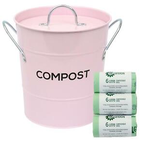 Pale Pink Metal Kitchen Compost Caddy-Food Waste Bin &amp; 150 