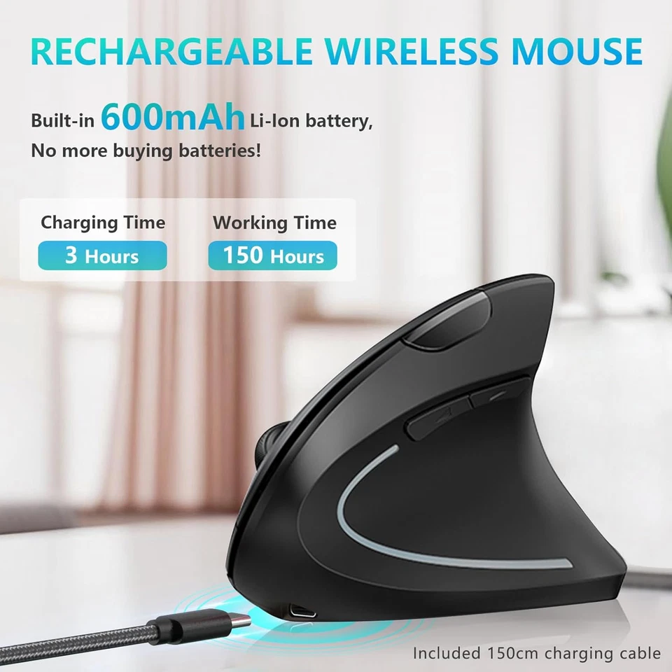 Wireless Rechargeable Mouse Ergonomic Vertical 3 Adjustable DPI/ Optical/ Sleek. - Image 3 of 4