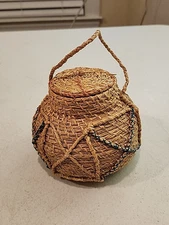 Hand Woven Small Baskek With Tight Fitting Lid And Handle