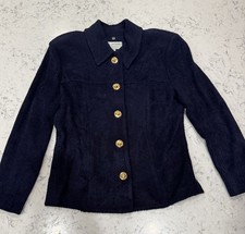 Vtg St. John Collection Marie Gray Navy Textured Knit Jacket Gold Toggle Buttons