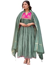 GoSriKi Women's Rayon Viscose Embroidered Anarkali Kurta with Pant Dupatta