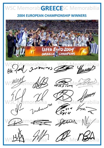 12706. Greece Euro 2004 Signed Team Picture Sheet (PRINTED AUTOS A4) Winners