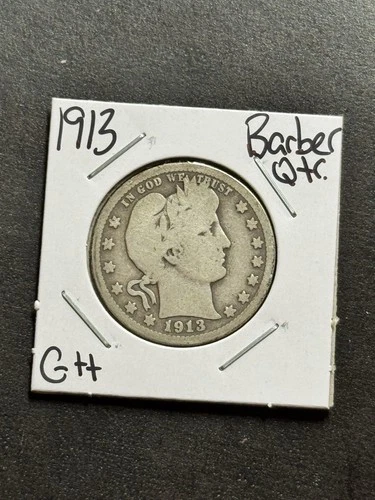 1913 P Barber Silver Quarter G+ Good U.S. 25c Type Coin (Raw18791)