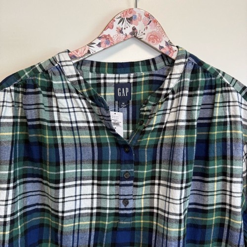 NWT GAP Shirred Henley Popover Blouse Top Shirt Green Blue Plaid M Medium - Picture 4 of 11