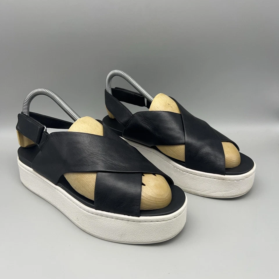 Sandalias Vince para mujer talla 6 plataforma de cuero negro con tira trasera entrecruzada Foto 2 de 4