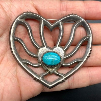 Large Vintage Navajo Native Heart Turquoise Sandcast Silver Brooch