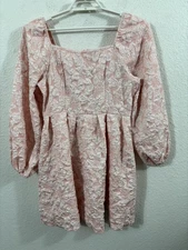 Shein Dress Womens Large Pink Babydoll Mini Floral Textured Puff Sleeve