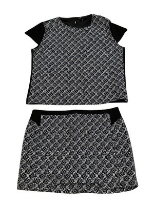 Maje Dada 2 Piece Set Top & Mini Skirt Size L EU 40 Jacquard Black & Blue