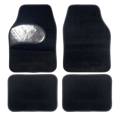 4 Piece Black Carpet Alloy Car Mat Set - Non Slip Rubber Backing
