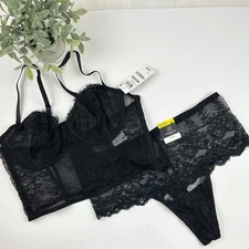INC International Concepts Black Corset Bralette and High Waist Thong Set Medium
