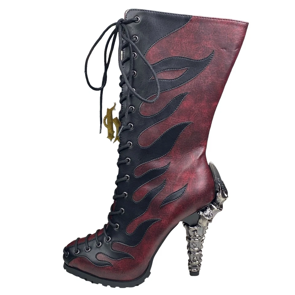 NWB Hades 女式 Pyra Burgandy 蒸汽朋克 Goth 骑行靴,尺寸 US 6 — 第 3/4 张图片