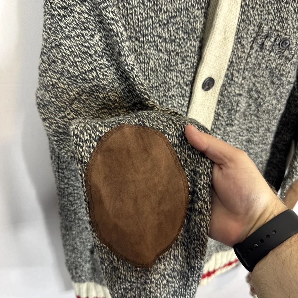 Roots Cabin Shawl Collar Sweater XL Men’s Wool Blend Elbow Patches Gray Red Knit - Image 3 of 4