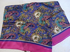 Vtg '80s Albert Nipon Long 100 SIlk Scarf Fuchsia Border w Purple Blue Paisley