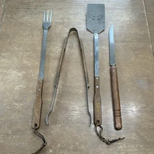 VTG 4 Pc BBQ Tool Set Stainless Steel Knife Fork Spatula Tongs Wood Handle USA