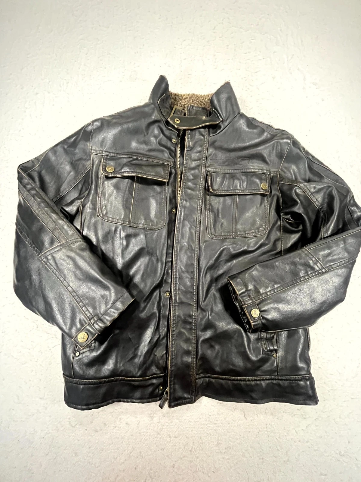 Hawke & Co Outfitter Faux Leather Jacket Youth 14/16 Brown Sherpa Lined Full Zip