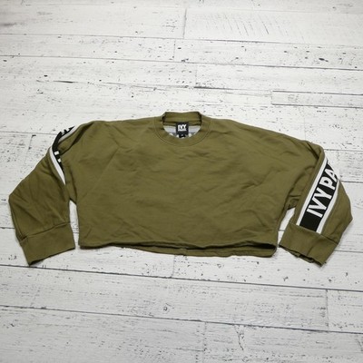 Ivy Park Sweatshirt Womens Medium Olive Green Cropped Crewneck Logo Tape  Sleeve